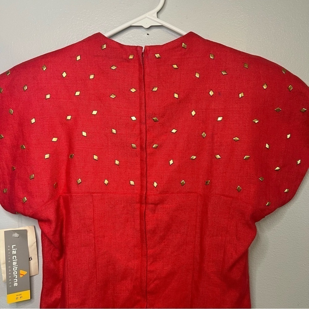 NEW Liz Claiborne 100% Linen Shift Dress Gold Studs Square Neck Petite Sz 2 Red - Picture 12 of 15
